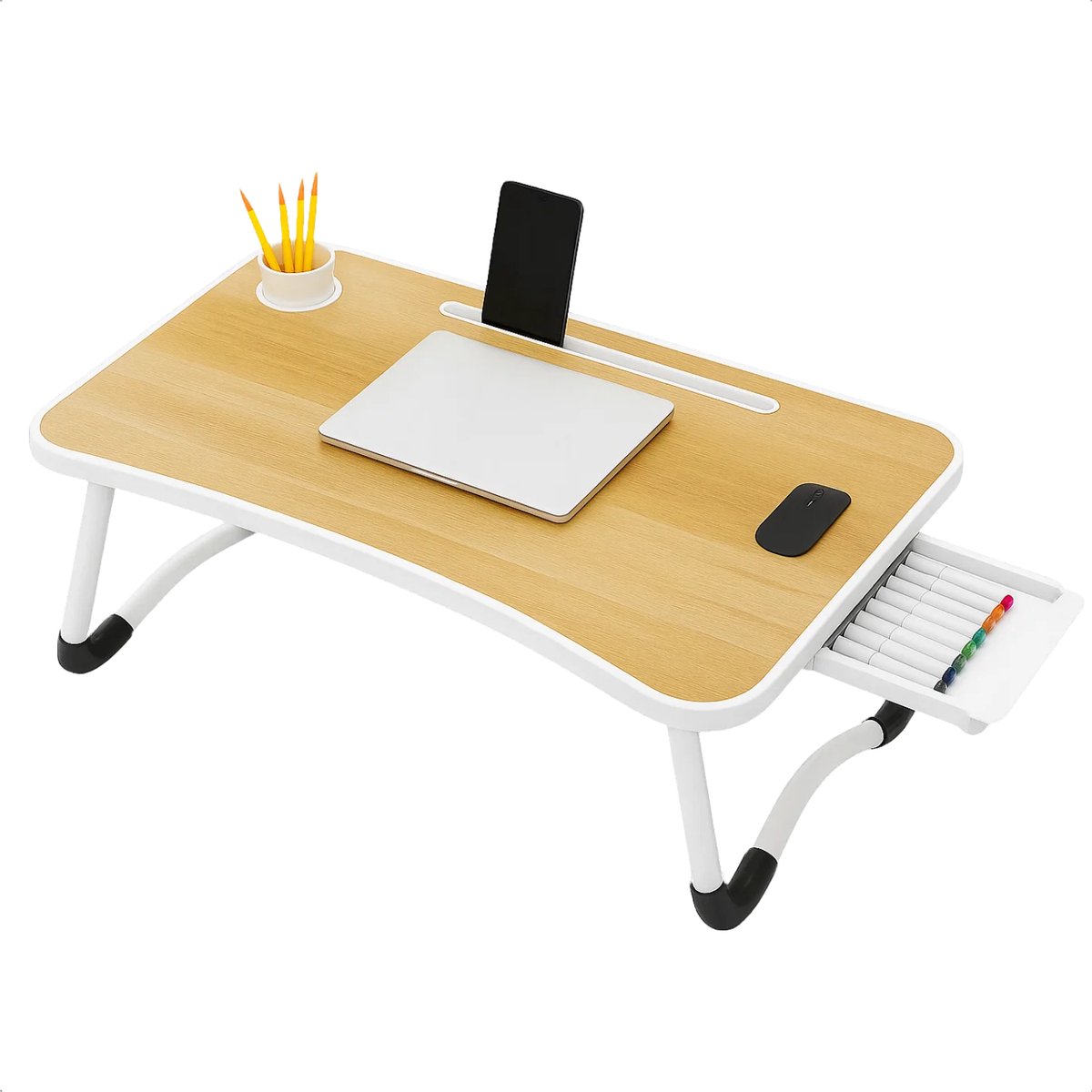 Lomera Opklapbare Laptoptafel - Bedtafel - Laptoptafel Voor In Bed - Tablethouder - Bekerhouder - Opberglaatje - Anti-Slip Poten - Mdf Tafelblad - Metalen Frame - Walnoot Kleur - Laptopstandaard - Inklapbare Tafel - Ontbijt Op Bed nvt