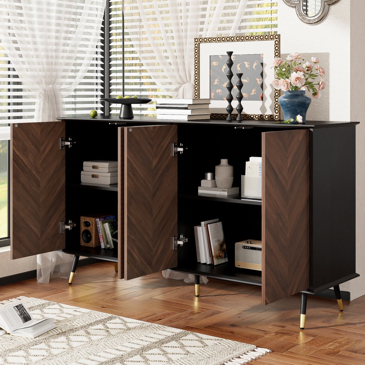 Merax Moderne visgraat patroon dressoir - met 4 deuren en verstelbare planken buffetkast - opbergruimte Zwart