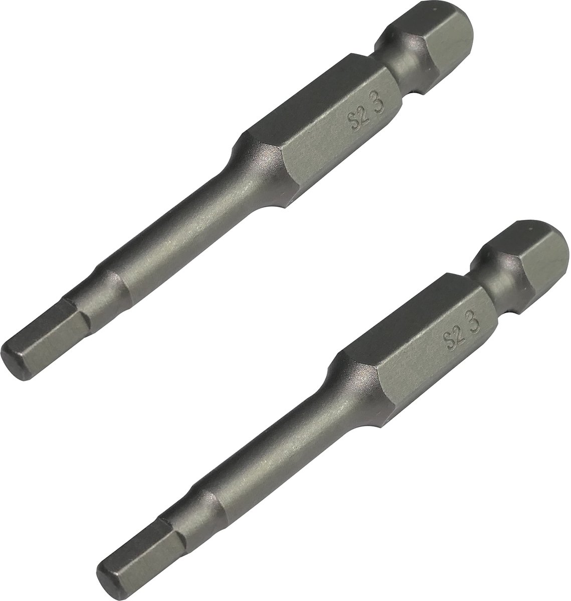 Set van 2 lange schroevendraaierbits van duurzaam S2 staal met 1/4 inch aansluiting, 3 mm breed en 50 mm lang voor precisiewerk en stevige grip