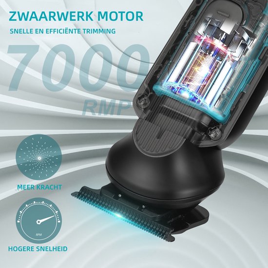 Gedetailleerde weergave van de interne motor van de Scttomon tondeuse (7000 RPM) en informatie over kracht en snelheid.