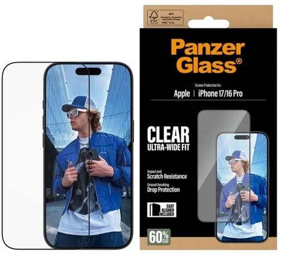 Verpakking met PanzerGlass screenprotector voor Apple iPhone 17/16 Pro, met afbeelding van man met blauwe jas.