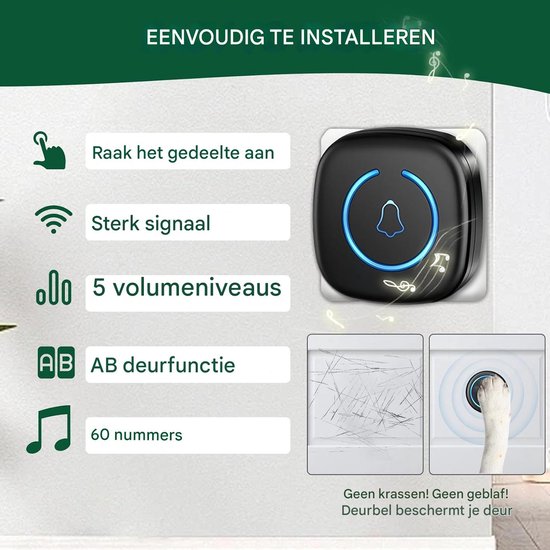 Draadloze Kattenbel-Hondenbel- Intelligente Led-Flits-Deurbel voor honden - Waterdichte Deurbel met 300 m bereik- 60 beltonen- 5 standen instelbaar volume — afbeelding 3