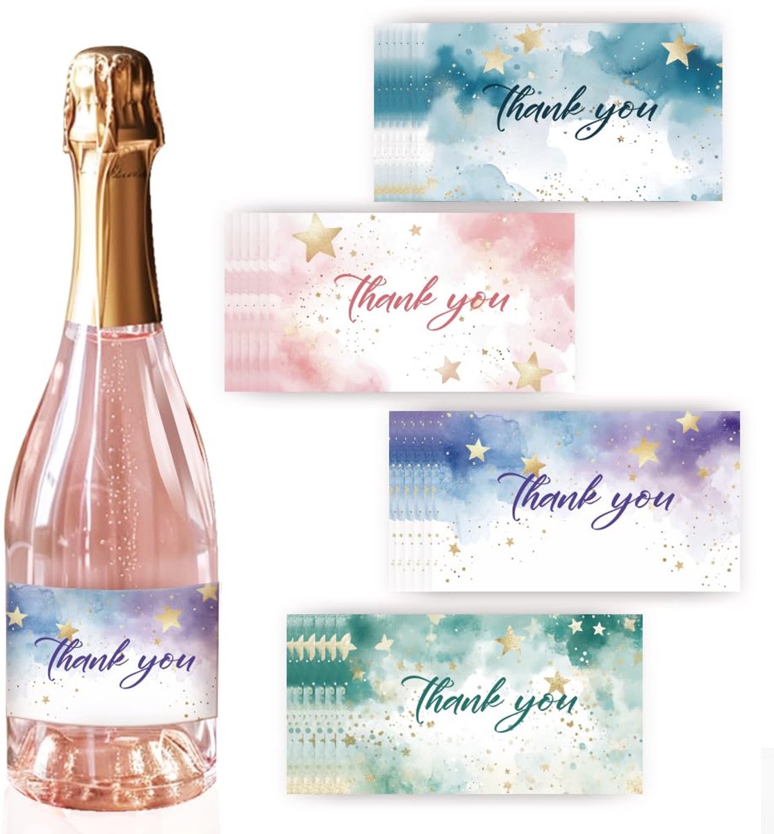 40 Stuks Zelfklevende Wijnlabels - Watercolor Sterren en Wolken - 7,3x5,5 cm