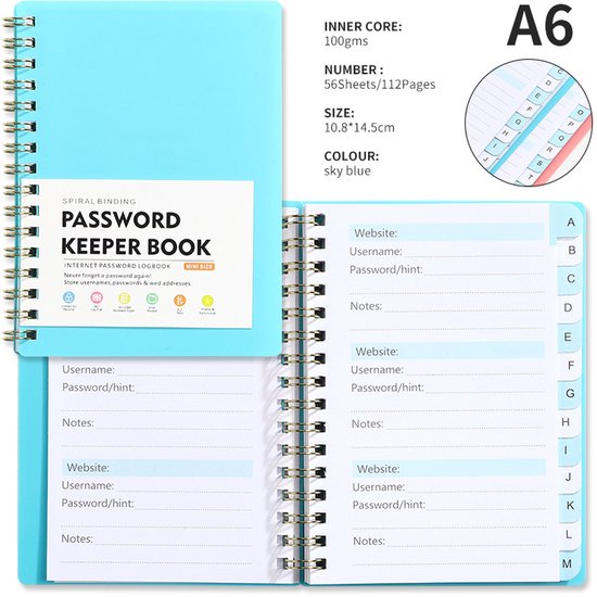 Carnet de mots de passe - Carnet de mots de passe de sites Web - avec onglets d'index alphabétique - Journal de gestion des mots de passe - A6 - pour sites Web, adresses, contacts, sites Web