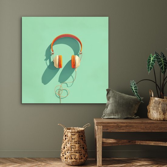 Aluminium schilderij 90x90 cm - Wanddecoratie metaal - Koptelefoon - Oranje - Snoer - Minimalistisch - Metalen muurdecoratie woonkamer - Decoratie industrieel - Foto op dibond - Industriële accessoires slaapkamer