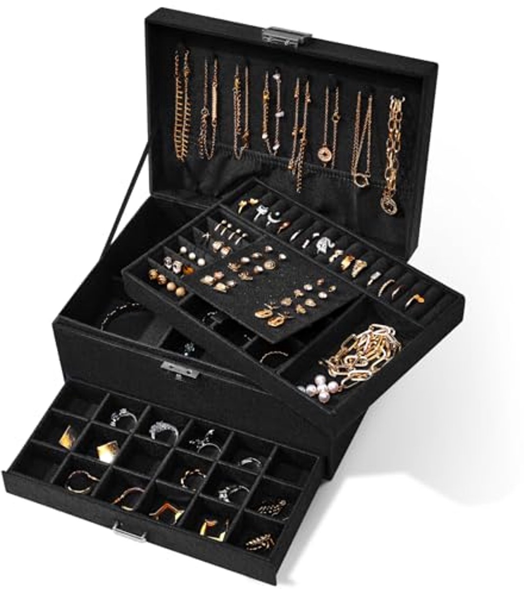 Vintage 3 Lagen Sieraden Organizer met Fluwelen Afwerking - Afsluitbaar en Uittrekbaar