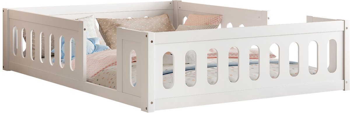 Merax Houten Bed 140x200 met Veiligheidshek - Wit - Stevig Houten Frame - Laag Platformbed zonder Boxspring - Eenvoudige Montage