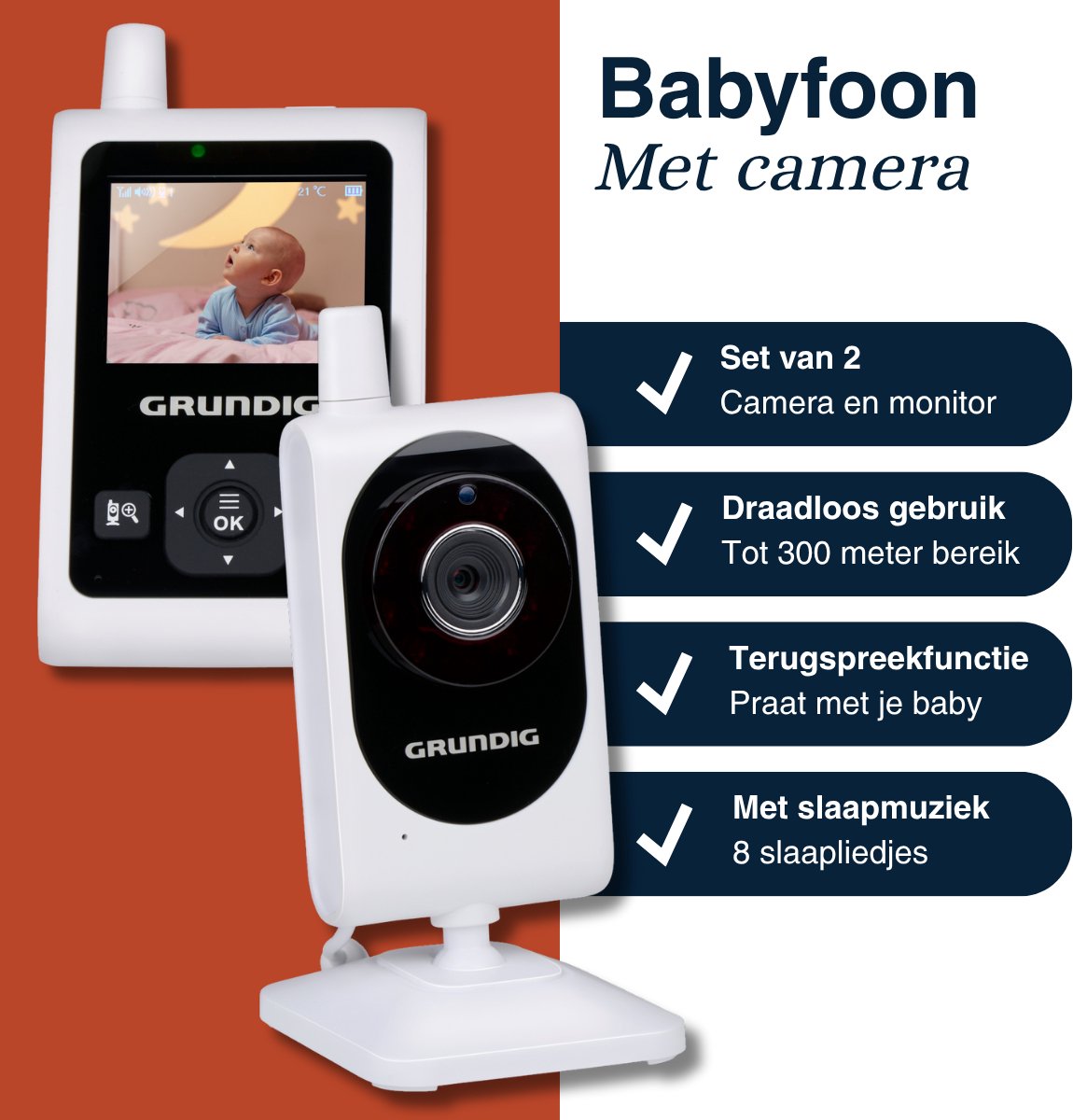 Grundig Video Babyfoon met Camera - Baby Monitor met 2-inch Kleurenscherm - Babyphone met Nachtzicht, Temperatuurweergave en Terugspreekfunctie - Wit thumbnail 2