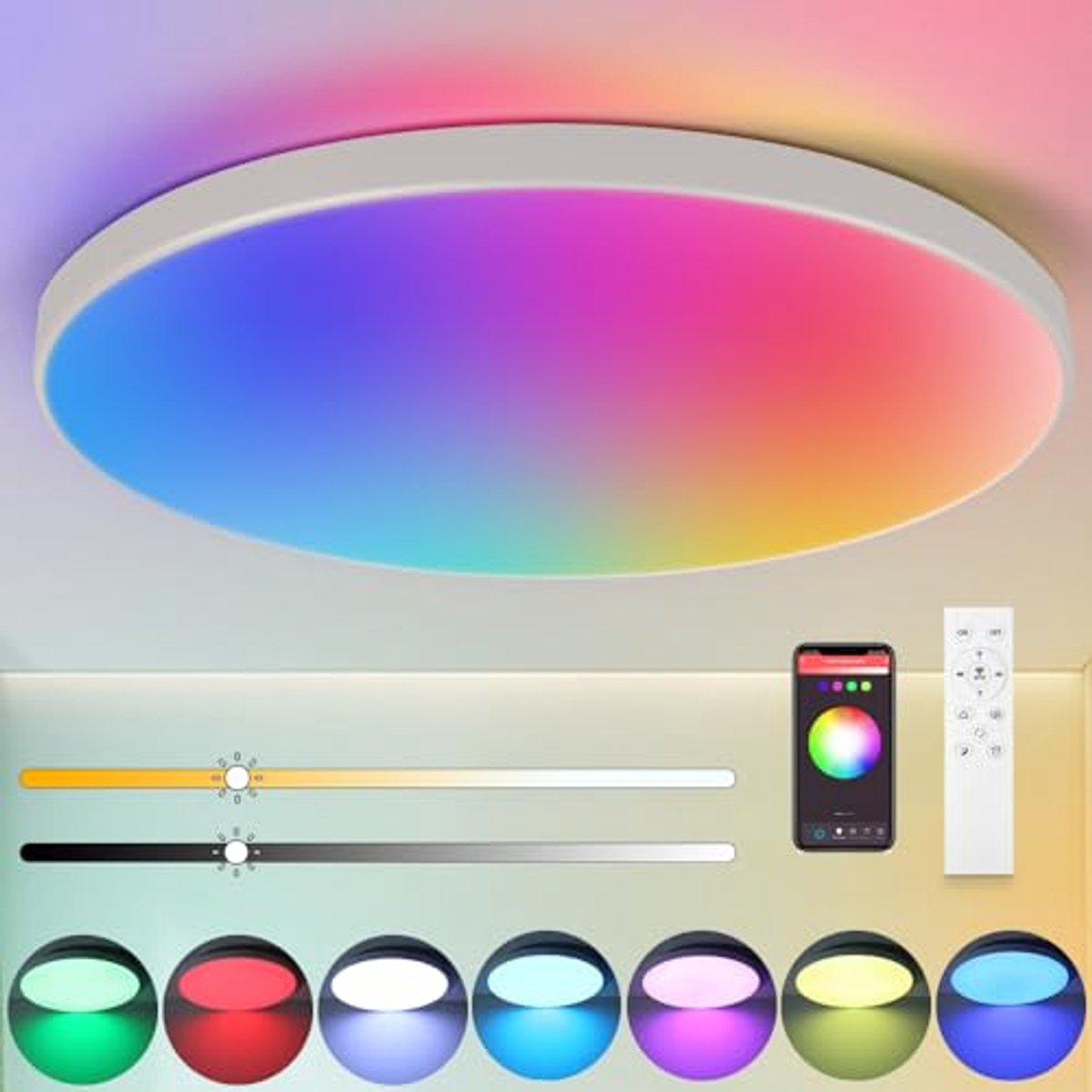 LED Plafondlamp IP44 12 Inch 24W Dimbaar RGB met Afstandsbediening voor Badkamer, Woonkamer, Slaapkamer, Keuken en Hal