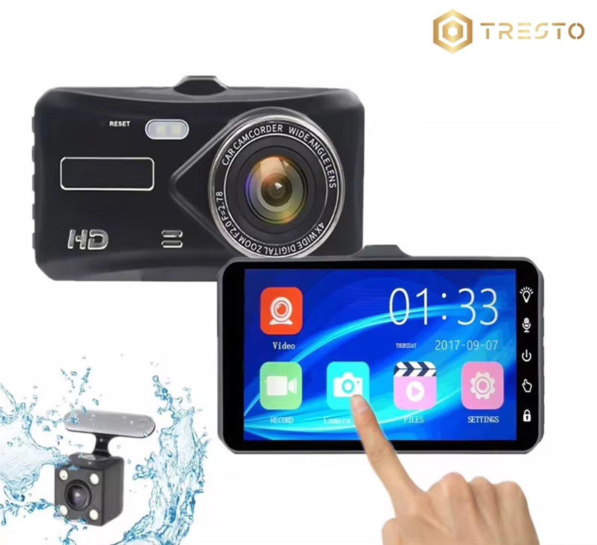 TRESTO - Dashcam Full HD Camera – 4 inch Touchscreen – Dashboardcamera – Full HD 1080p – Loop Recording – Nachtvisie – Bewegingssensor – G-sensor – Autocamera Voor én Achter - voor auto – foto 4