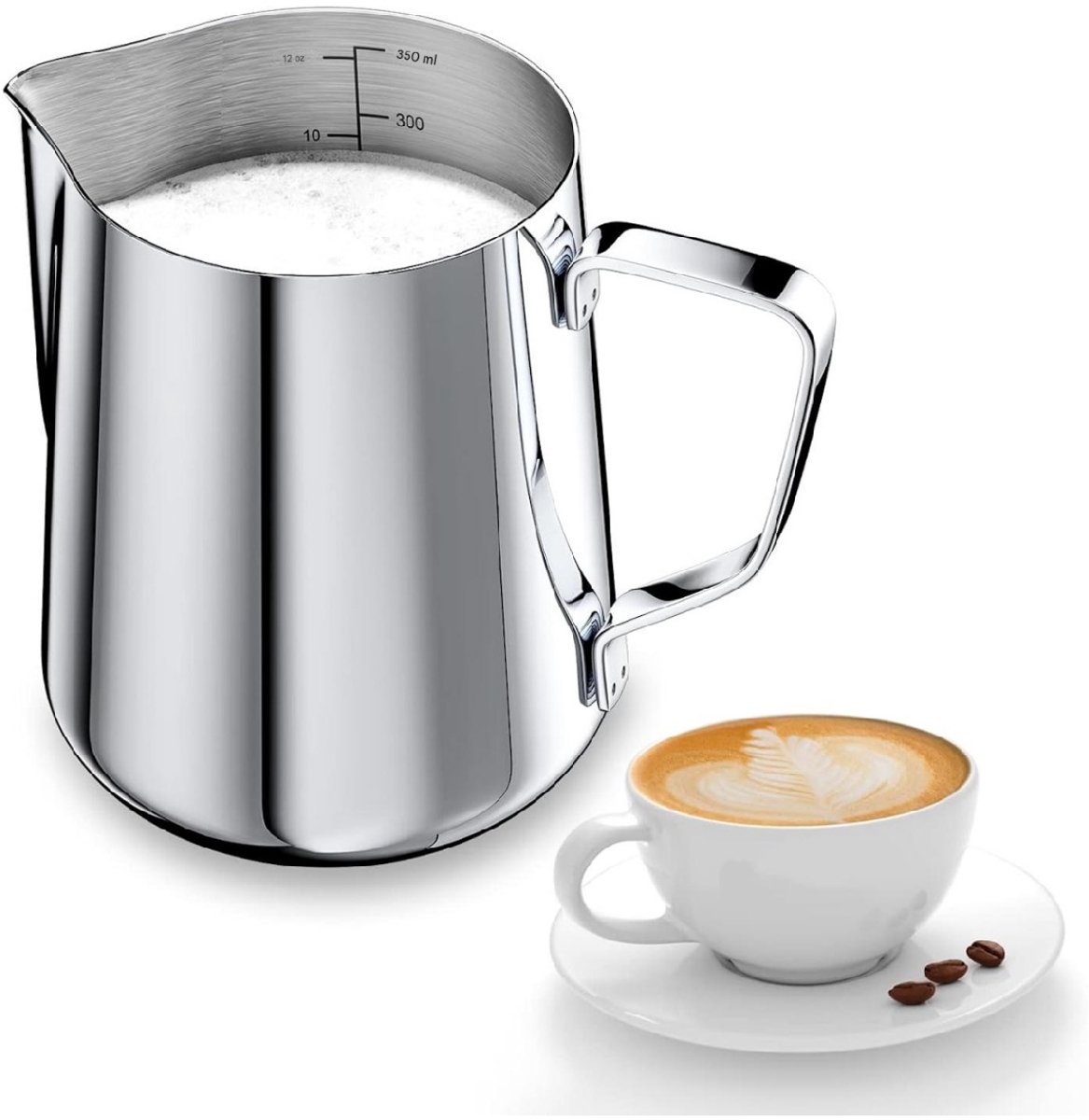 EXCITAT 350ml Melkkan - Roestvrijstalen Melkkan - melkkannetje met maatverdeling - 12 oz - geschikt voor cappuccino, espresso, latte art - perfect geschikt voor koffieliefhebbers - zilver