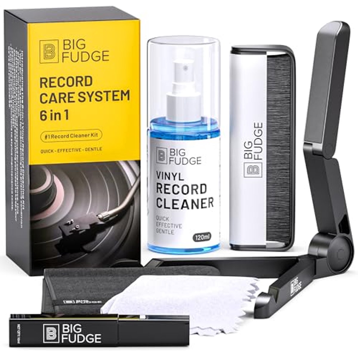 4-in-1 reinigingsset voor vinylplaten, reinigingsset voor vinylplaten, inclusief 2-in-1 borstel van fluweel en microvezel, reinigingsvloeistof, stofdoek en penborstel