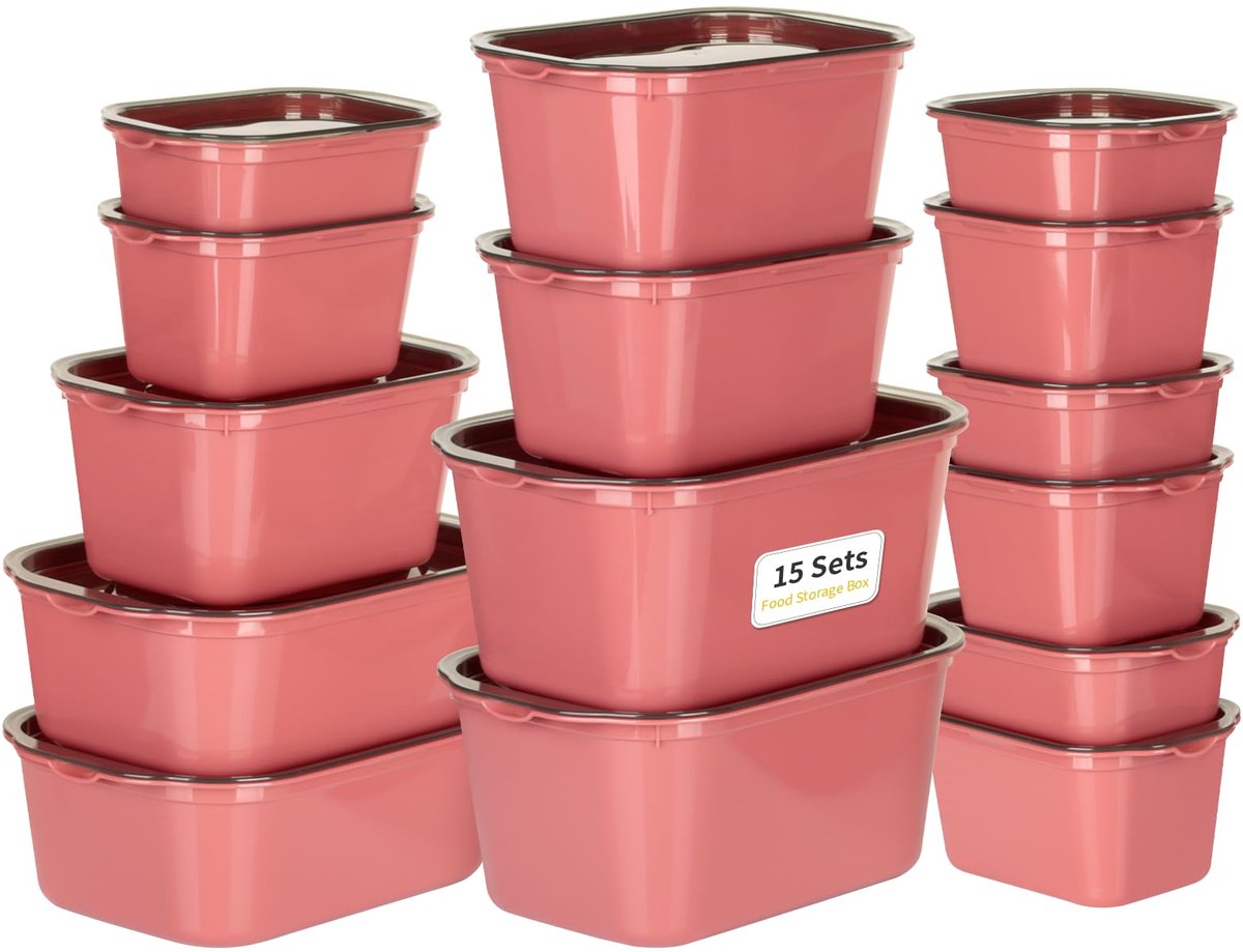 Azomor® Set van 15 Rechthoekige Voedselbewaarbakjes met Deksel in Wijnrood