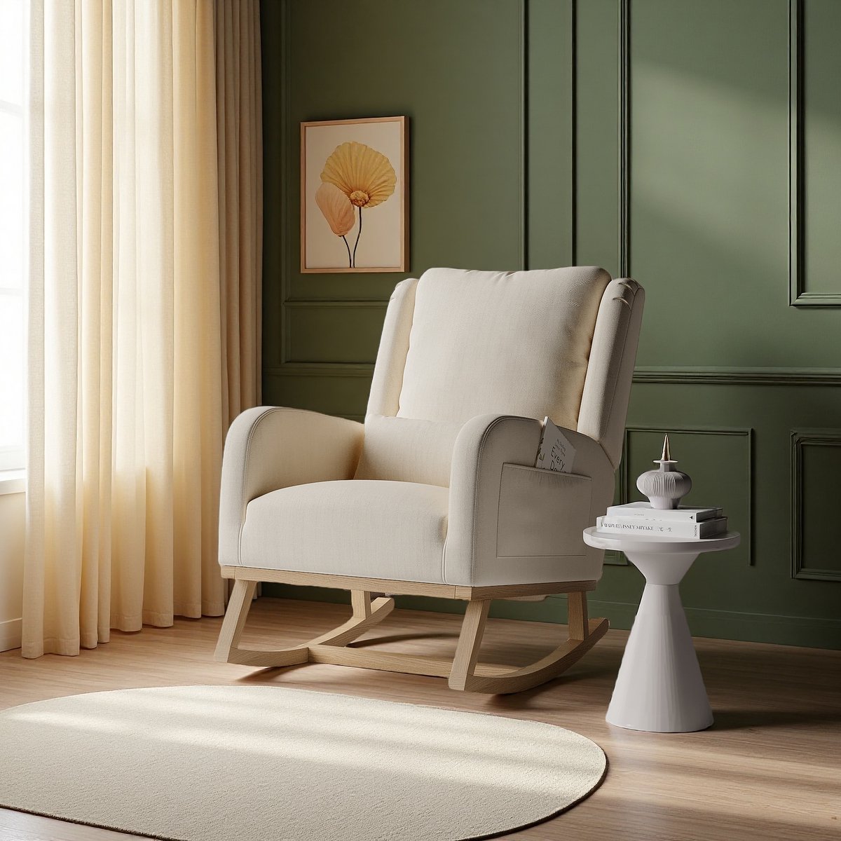 Beige Linnen Schommelstoel – Comfortabele Relaxstoel voor Woonkamer & Slaapkamer – Moderne Fauteuil met Elegant Design