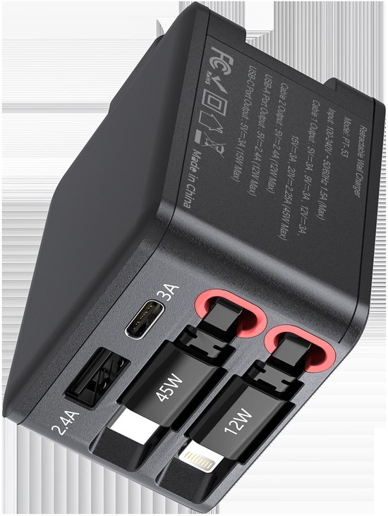 Gedetailleerde weergave van een zwarte oplader met USB-C poorten en kabels, met specificaties.
