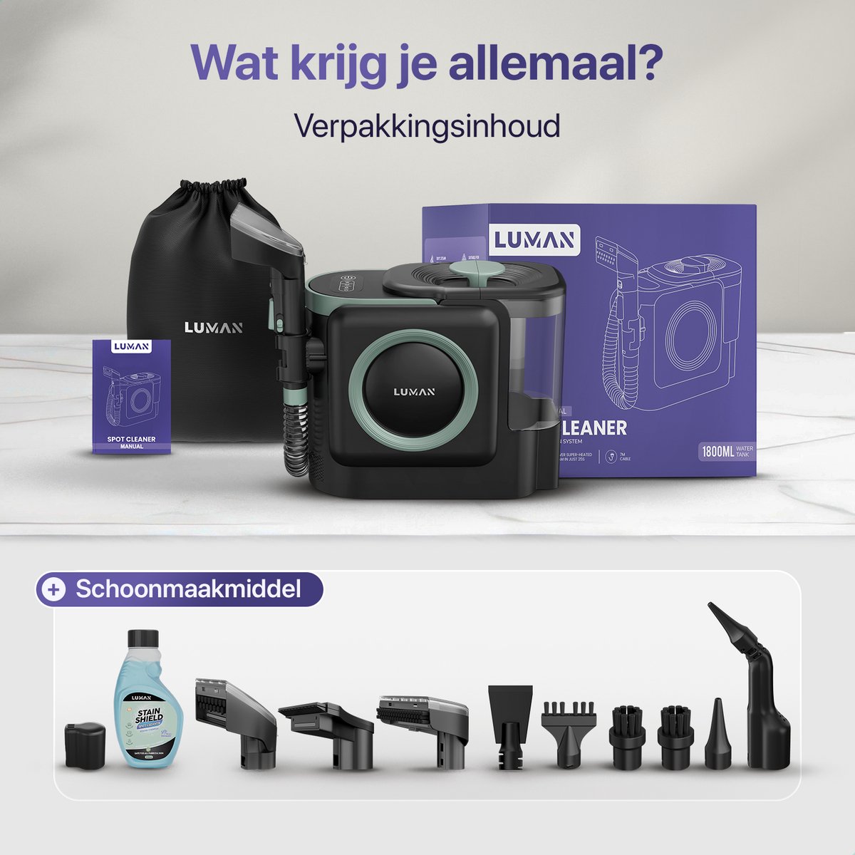 LUMAN 10 in 1 Tapijtreiniger PRO 1800W - 100°C Stoomfunctie en Zelfreinigend - Vlekkenreiniger - Stoomreiniger - Zetelreiniger - Reiniger voor bank, vloer, auto en tapijt - 7 Meter Snoer thumbnail 4