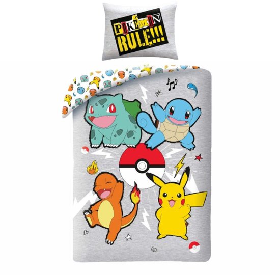 Grijs dekbedovertrek met afbeeldingen van Pokémon Bulbasaur, Squirtle, Charmander en Pikachu. Met Pokémon logo.