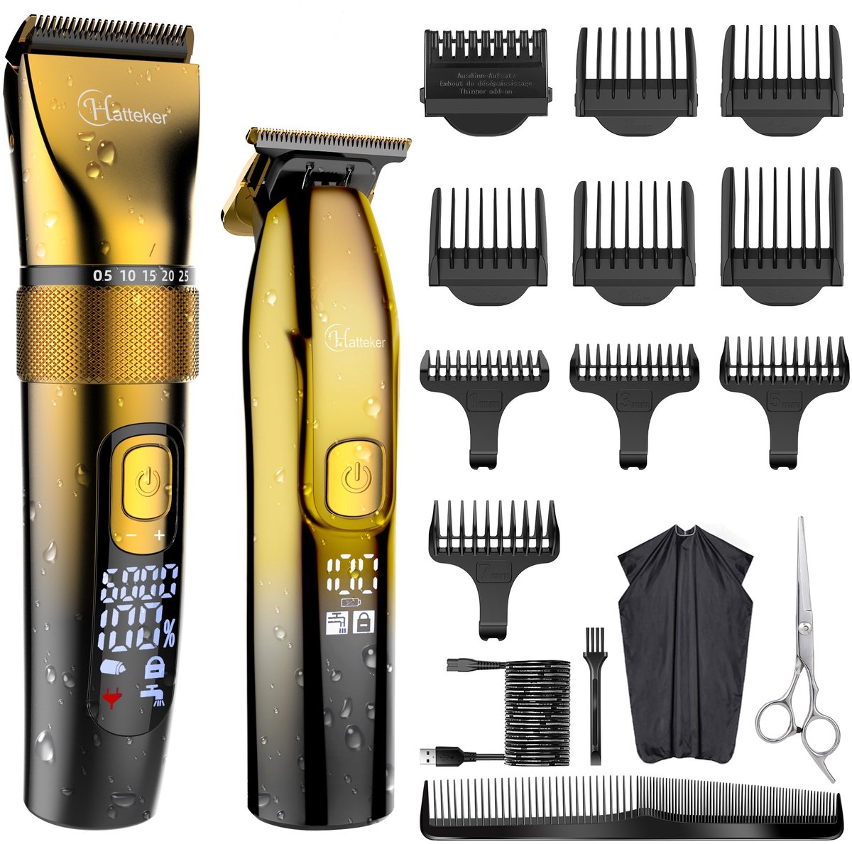 Hatteker Professionele Tondeuse Set – Haartrimmer & Baardtrimmer voor Heren – T-Blade Precisietrimmer – IPX7 Waterdicht – Inclusief Schaar en Knipcape – Goud