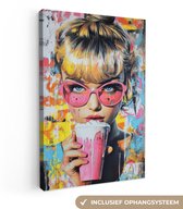 Canvas schilderij 80x120 cm - Wanddecoratie Expressief - Milkshake - Vrouw - Felle kleuren - Muurdecoratie woonkamer - Slaapkamer decoratie - Kamer accessoires - Schilderijen op canvas