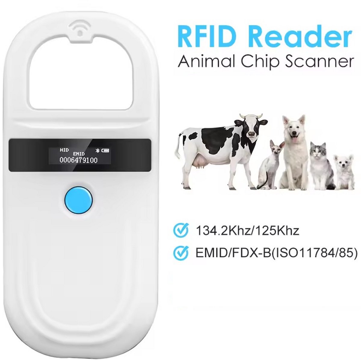 Premium RFID Chipreader met Bluetooth – Huisdieren Chiplezer – USB Oplaadbaar – FDX-B & EMID – Geschikt voor Katten, Honden en Andere Dieren – wit