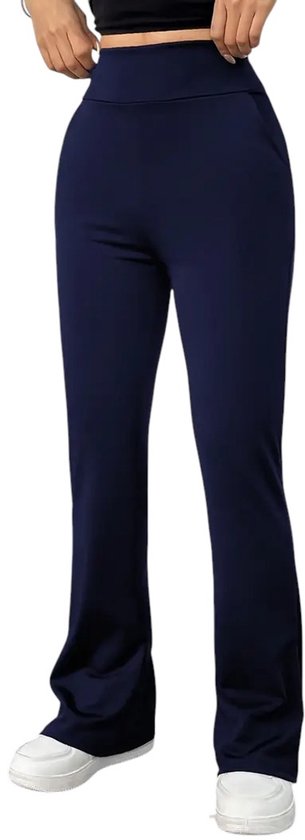 Foto: Horizon flared broek met zakken dames legging petit pijplengte casual flare pants broek met zakken stijlvol sportief rekbaar zachte stof navy blue donkerblauw maat xxl
