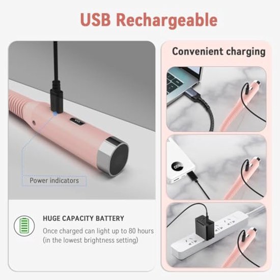 Nekleeslamp, USB-oplaadbaar, 3 helderheidsniveaus instelbaar, leeslamp voor op bed, geschikt voor reizen, breien en kamperen (roze) van ACELEY — afbeelding 2