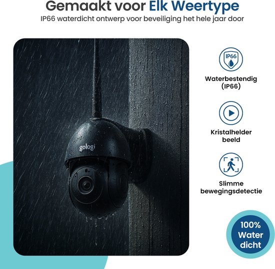 Zwarte beveiligingscamera in de regen. IP66 waterbestendig, kristalhelder beeld, slimme bewegingsdetectie.