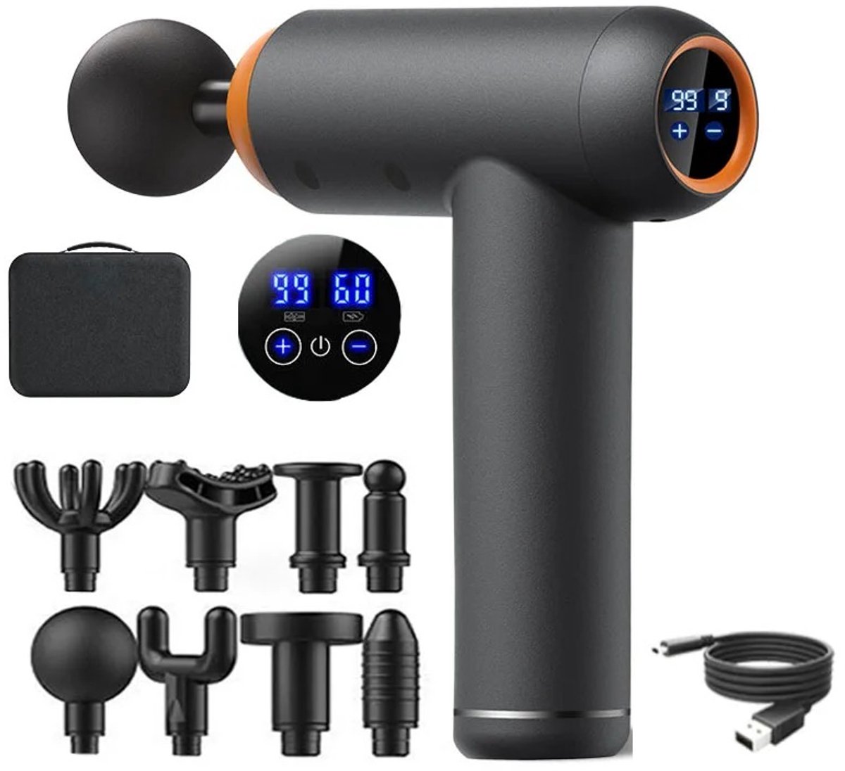 Massage Gun - Massage Apparaat - 99 Versnellingen - 8 Opzetstukken - Digitale Display - Zwart