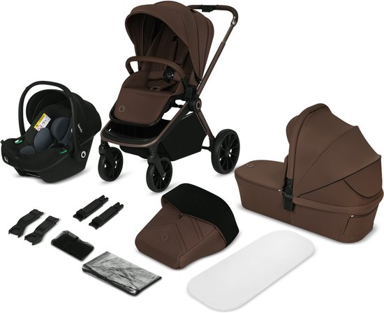 Lionelo Mika Plus 3-in-1 kinderwagenset in bruin, inclusief autostoeltje, reiswieg, frame en accessoires.