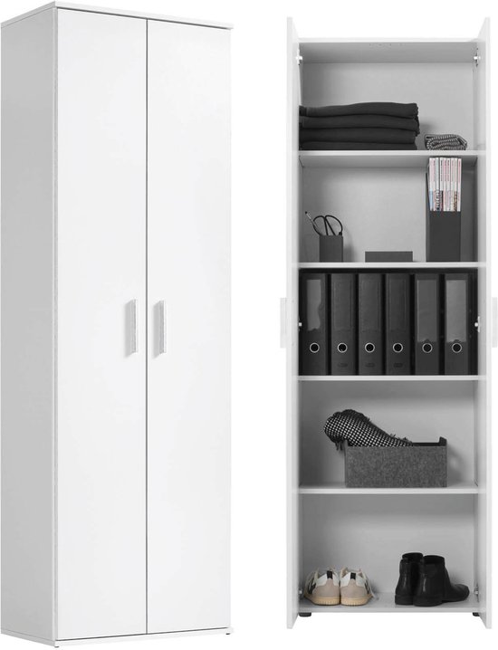 Witte archiefkast met twee deuren. Interieur is open met zes planken waarop mappen, kleding en schoenen staan.