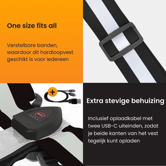 Detailopnamen van R2B hardloopvest: verstelbare banden, USB-C oplaadkabel, reflecterende strepen.