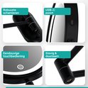 Details van een zwarte, ronde Mirlux led make-up spiegel: scharnieren, USB-C poort, touch bediening.