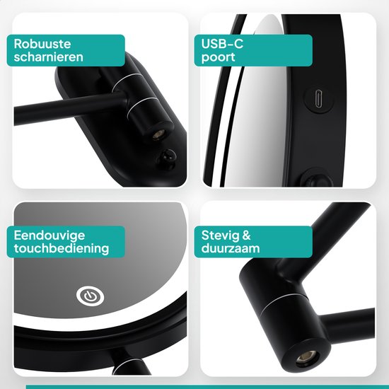 Details van een zwarte, ronde Mirlux led make-up spiegel: scharnieren, USB-C poort, touch bediening.