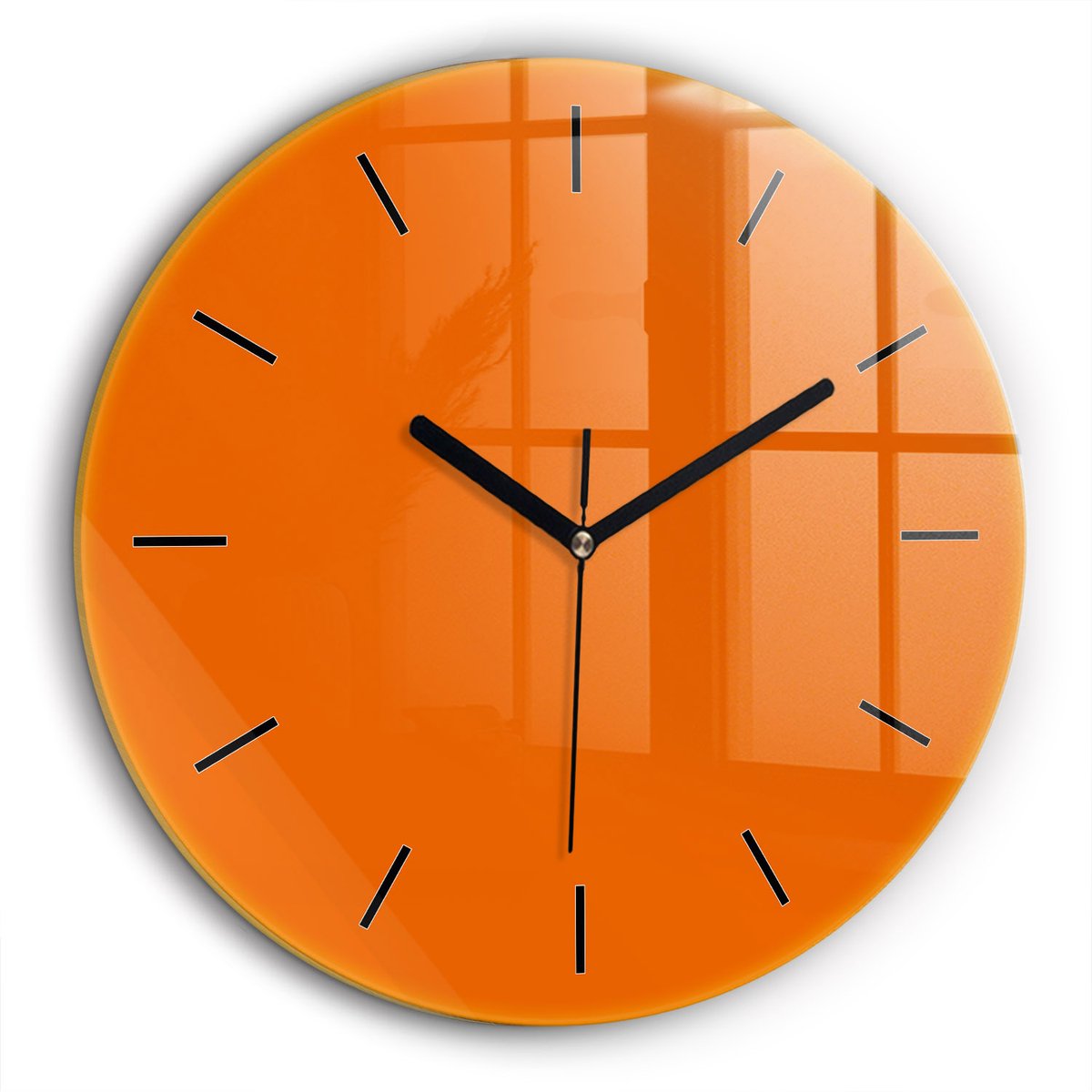Wallfluent Wandklok - Oranje Ronde Glas Klok - 60 cm x 60 cm - Oranje Wandklok - Zwarte Handen - Wandklok Zonder Cijfers - Wandklok Glas Woonkamer - Ronde Glazen Klok - Minimalistisch Wandklok - Ronde Glazen Wandklok