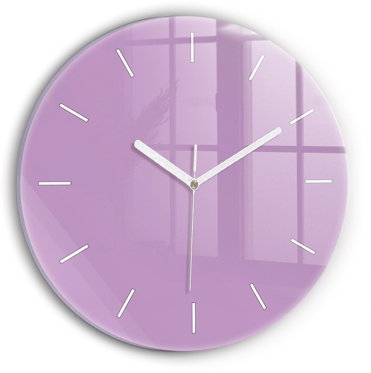 Wallfluent Wandklok - Lila Ronde Glas Klok - 30 cm x 30 cm - Lila Wandklok - Witte Handen - Wandklok Zonder Cijfers - Stille Wandklok Slaapkamer - Ronde Glazen Klok - Minimalistisch Wandklok - Ronde Glazen Wandklok