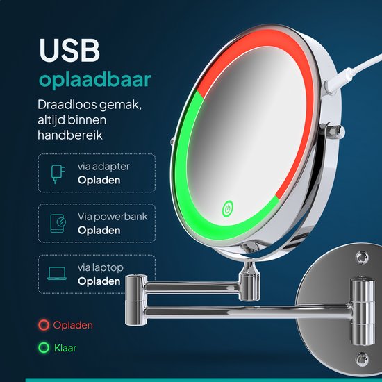 Mirlux spiegel met rode indicatie voor opladen en groene indicatie voor 'klaar'.