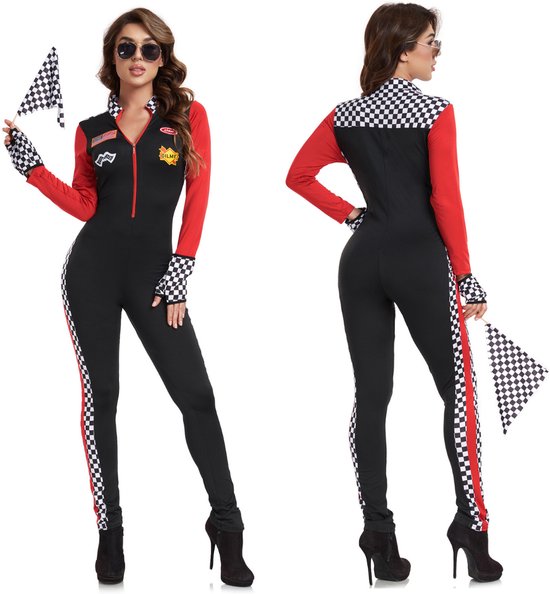 Joya Kids® Verkleedpak Formule 1 Sexy Pitspoes Vrouw Volwassenen | Racing Verkleed Pak | Circuit Race Jumpsuit met Handschoenen & Startvlag | Stretch Carnaval Halloween Racepak Outfit | Maat M