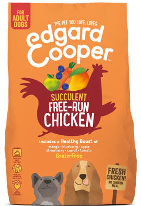 Edgard Cooper zak hondenvoer met verse, vrije-uitloop kip en fruit. Graanvrij, voor volwassen honden.