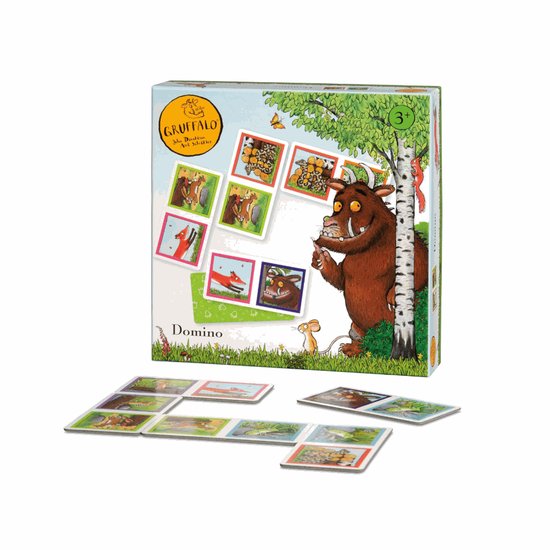Gruffalo domino spel met afbeeldingen van de vos, de muis en de Gruffalo. De doos toont de Gruffalo die naast een berkenboom staat.