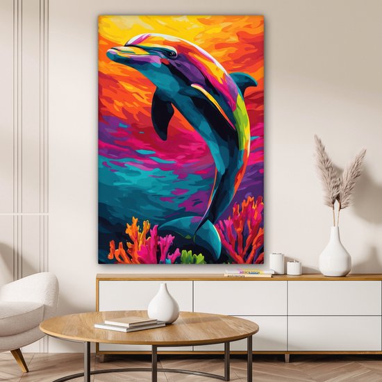 Tableau sur toile 80x120 cm - Décoration murale Dauphin - Coloré - Océan - Corail - Décoration murale salon - Décoration chambre - Accessoires chambre - Peintures sur toile