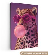 Tableau sur toile 60x90 cm - Décoration murale Panthère - Lunettes de soleil - Chewing-gum - Rose - Décoration murale salon - Décoration chambre à coucher - Accessoires de chambre - Tableaux sur toile