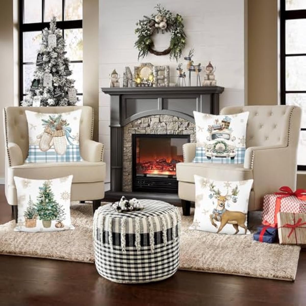 4x Kerst Sierkussenslopen 45x45 cm Fluweel Winter Decoratie Rendier en Sneeuwvlokken – foto 2