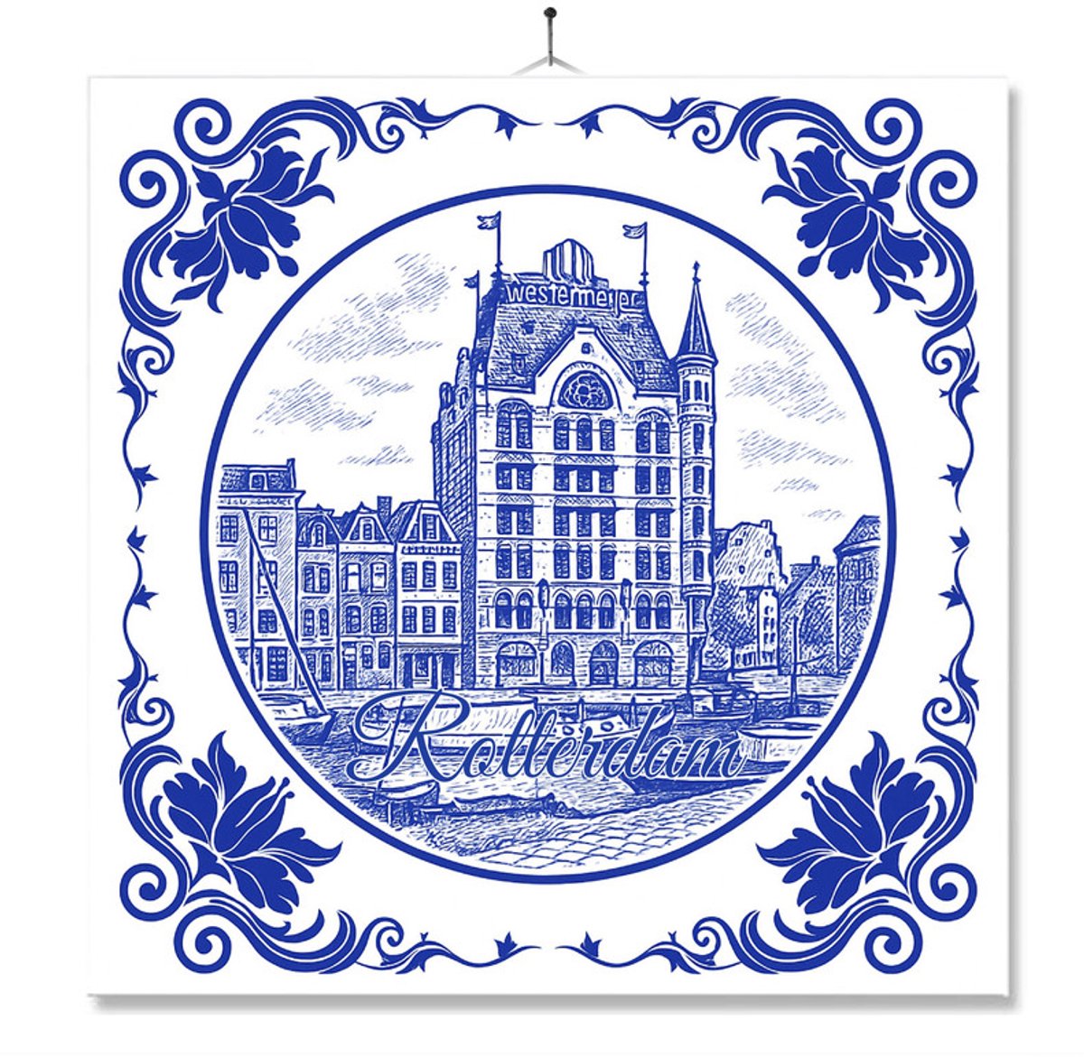 Tegel Met Opdruk | Rotterdam | Delft Blauw | Cadeau | Inclusief Geschenkdoos | Standaard | Ophangsysteem