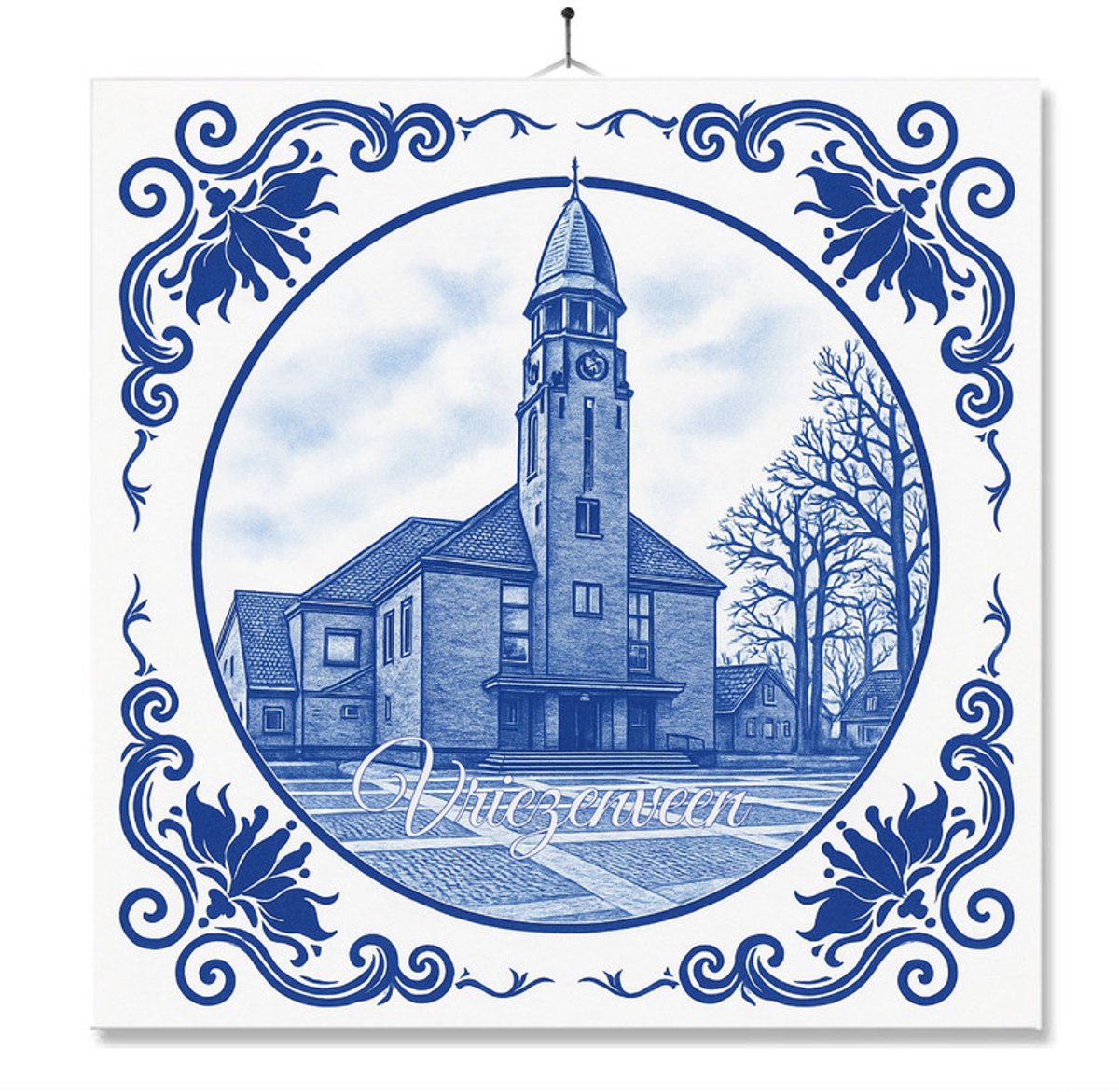 Tegel Met Opdruk | Vriezenveen | Delft Blauw | Cadeau | Inclusief Geschenkdoos | Standaard | Ophangsysteem