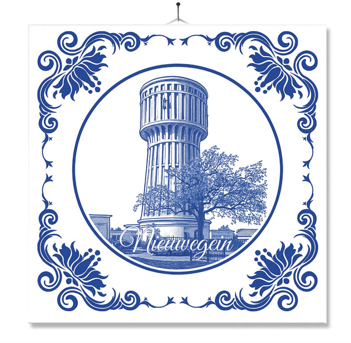 Tegel Met Opdruk | Nieuwegein | Delft Blauw | Cadeau | Inclusief Geschenkdoos | Standaard | Ophangsysteem