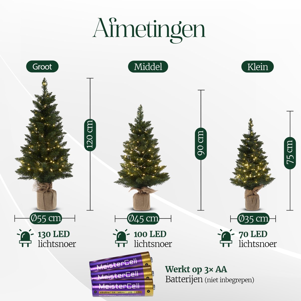 Meisterhome 3 delige Set Kunstkerstbomen met LED-verlichting - groen - Kerstboom – 3 stuks – Groen – 75/90/125 cm – Jute Voet – Brandwerend PVC – foto 6