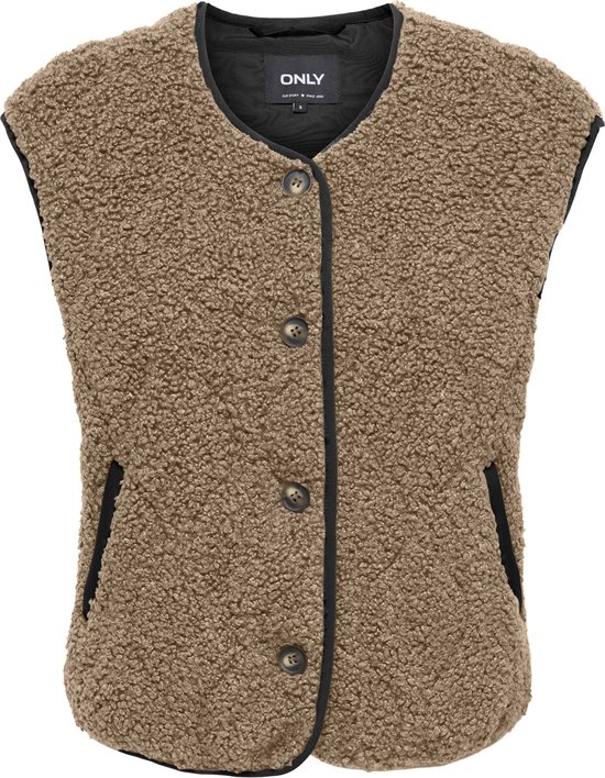 Bruin teddy gilet van ONLY met knoopsluiting, zwarte bies en steekzakken.
