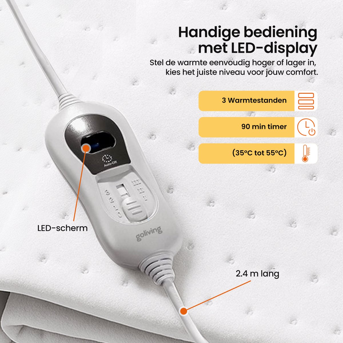 Goliving Elektrische Onderdeken – 2–Persoons – Warmtedeken – Elektrische Deken – 3 Warmtestanden – Timerfunctie – 60 Watt – Polyester – 160 x 140 cm – Wit — cadeau in Cadeau-ideeën - foto 8