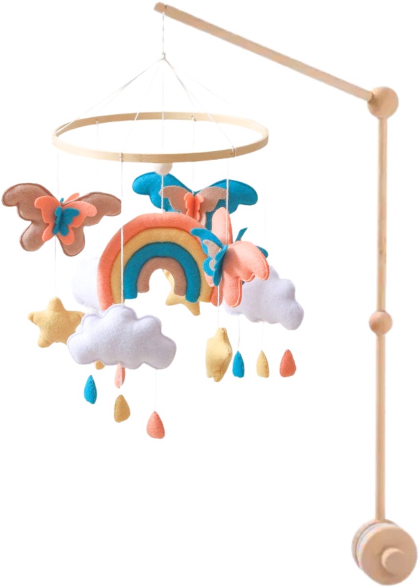 Joymaxx® Baby Mobiel Kleurrijke Droom met Houten Houder - Muziekmobiel van Vilt - Handgemaakte Boxmobiel Roze - Kraamcadeau Meisje - Regenboog en Vlinders