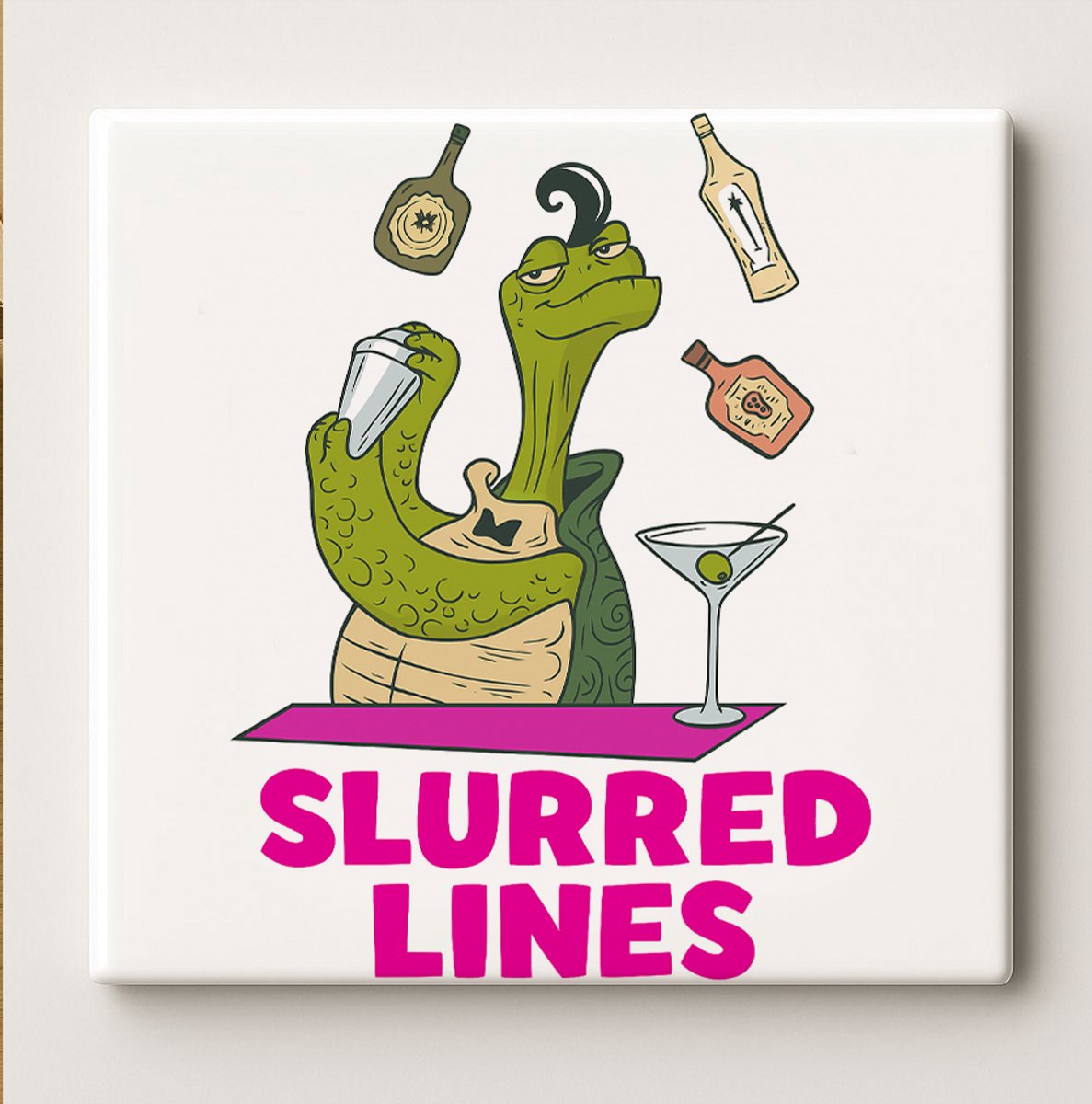 Slurred Lines Grappige Schildpad Barman Keramische Tegel 15x15cm – Humoristische Drinkquot